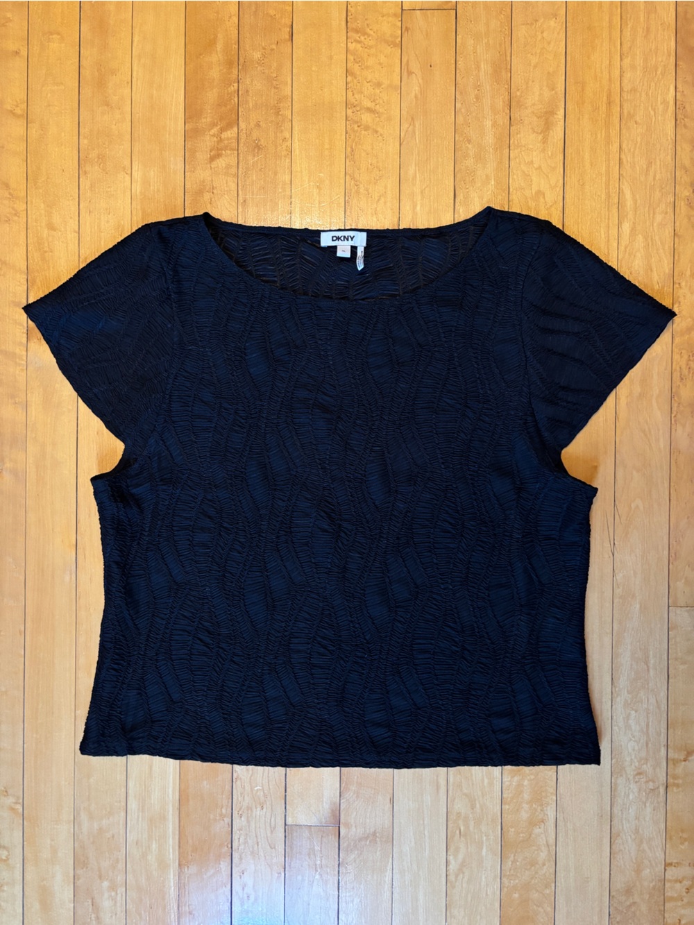 NWOT DKNY Black Boatneck Texture Knit Whimsigoth Short Sleeve Top | Women’s XL